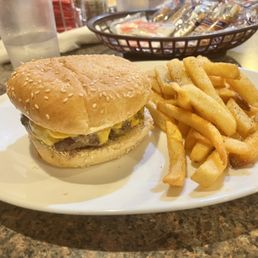 A cheeseburger and fries