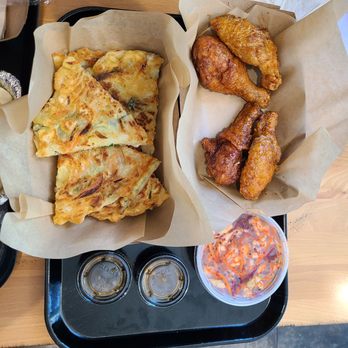 ChiMc Sterling - Pajeon (left) with spicy fried chicken legs and kimchi slaw (right) - Chicken Shop Near Me - Sterling, Virginia