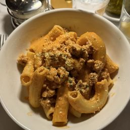 Vodka pasta with crumbled sausage next