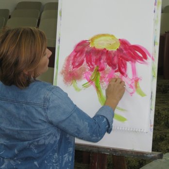 Alive with Creating - Student painting intuitively at a Creativity Playshop with Carol Lorraine - Art Classes Near Me - Florence, Oregon