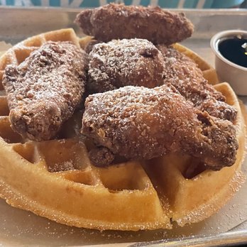 Central Kitchen + Bar - !*)Chicken + Waffles: belgian waffle, hot sauce wings, jalapeño maple syrup ($18) - Gastropubs Near Me - Detroit, Michigan Central Kitchen + Bar - !*)Chicken + Waffles: belgian waffle, hot sauce wings, jalapeño maple syrup ($18) - Gastropubs Near Me - Detroit, Michigan