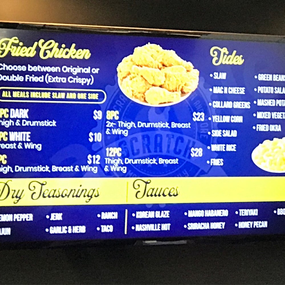 Scratch Fried Chicken - Menu board 3/4 - Chicken Wings Near Me - Greensboro, North Carolina Scratch Fried Chicken - Menu board 3/4 - Chicken Wings Near Me - Greensboro, North Carolina
