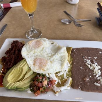 Cafe Benedict  - Chilaquiles with chorizo and a mango mimosa - Breakfast & Brunch Near Me - Cotati, California