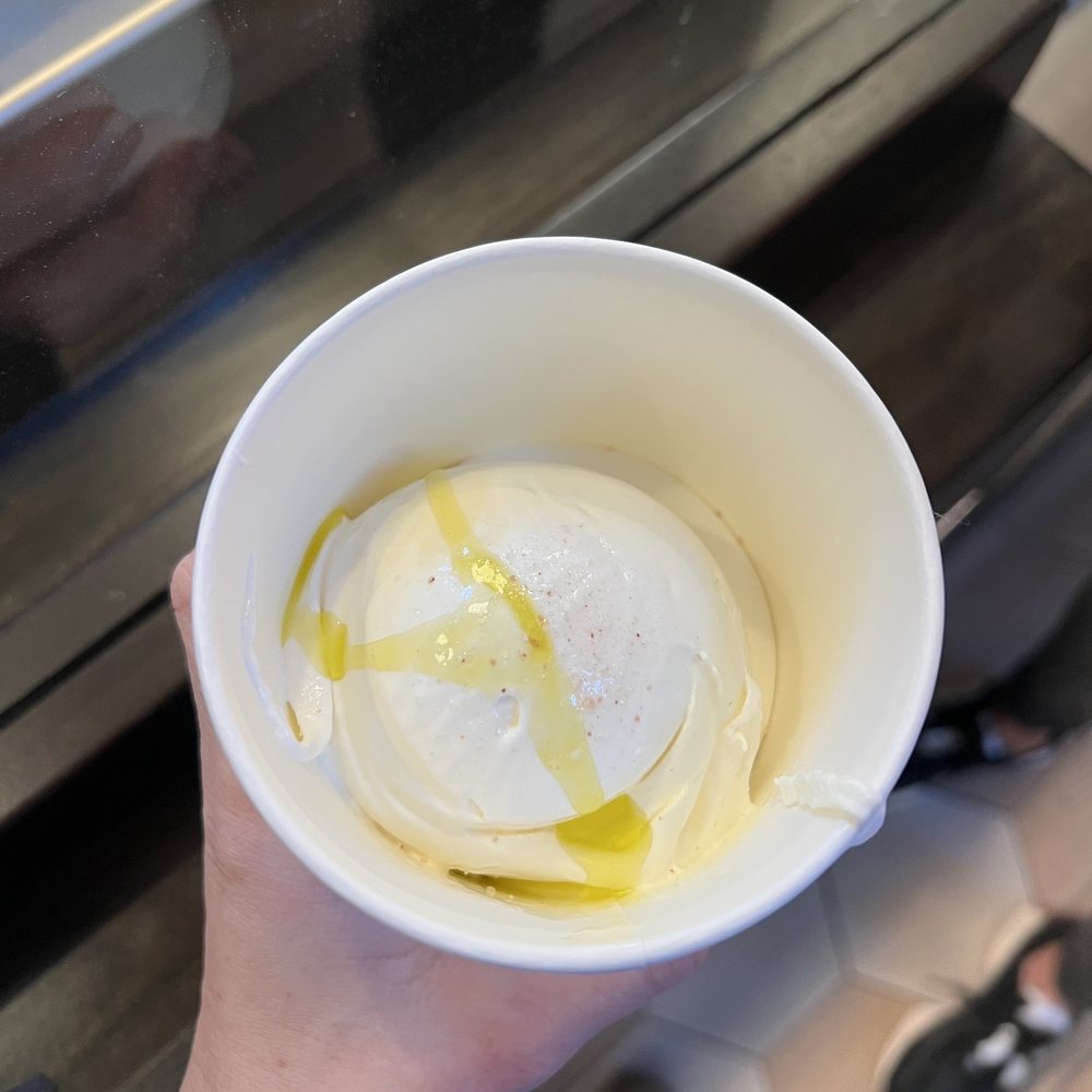 Almond ice cream with blood orange olive oil and Himalayan sea salt Almond ice cream with blood orange olive oil and Himalayan sea salt