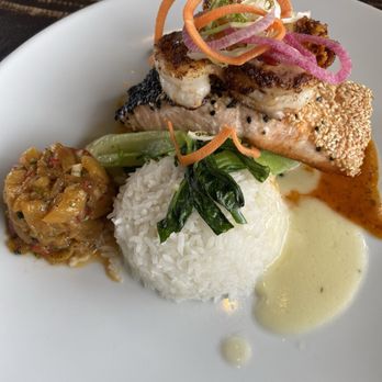 The Fish Hopper - Salmon and Shrimp Sesame Crusted Salmon & Coconut prawns - Seafood Near Me - Monterey, California The Fish Hopper - Salmon and Shrimp Sesame Crusted Salmon & Coconut prawns - Seafood Near Me - Monterey, California