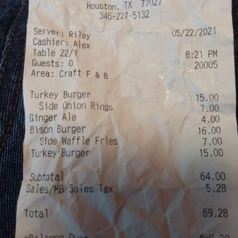 Craft F&B - Received 2 super burnt turkey burgers. Itemized Receipt. - New American Near Me - Houston, Texas Craft F&B - Received 2 super burnt turkey burgers. Itemized Receipt. - New American Near Me - Houston, Texas