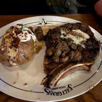 Saltgrass Steak House - Ribeye Steak with sautéed mushrooms and fully loaded bake potato - Steakhouses Near Me - Tyler, Texas Saltgrass Steak House - Ribeye Steak with sautéed mushrooms and fully loaded bake potato - Steakhouses Near Me - Tyler, Texas