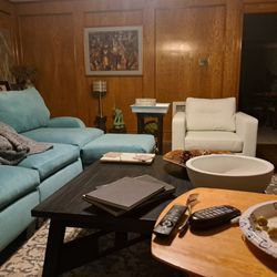 Teal velvet sofa & ottoman