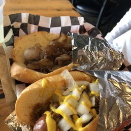 Ostrich with Coney Style and Wild Boar and mustard and onion topping Ostrich with Coney Style and Wild Boar and mustard and onion topping