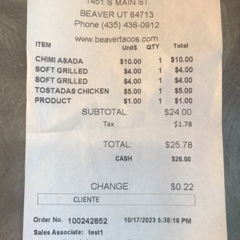 Beaver Taco - Receipt - Mexican Near Me - Beaver, Utah