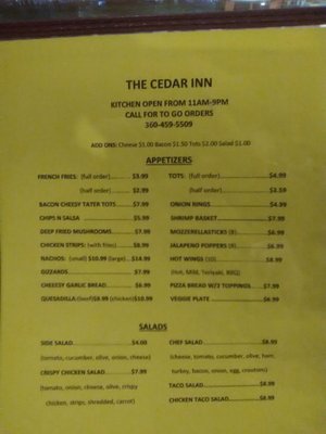 Menu photo 1 Cedar Inn Tavern Olympia, WA