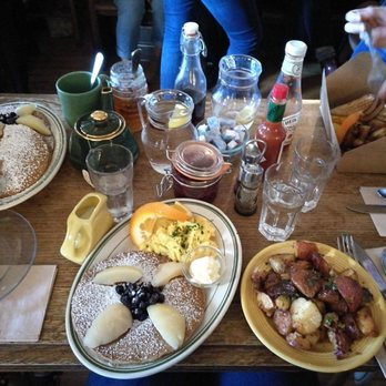 La Note - The full spread: cote est, gingerbread poached pear pancakes, and an omelette to go! - French Near Me - Berkeley, California