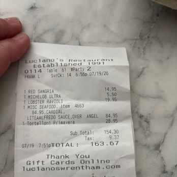 Luciano's Restaurant - My outrageous bill - Italian Near Me - Wrentham, Massachusetts Luciano's Restaurant - My outrageous bill - Italian Near Me - Wrentham, Massachusetts