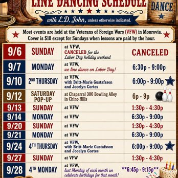 Line Dancing John - My September schedule for line dancing in Monrovia plus a pop-up in Chino Hills. - Dance Studios Near Me - Monrovia, California Line Dancing John - My September schedule for line dancing in Monrovia plus a pop-up in Chino Hills. - Dance Studios Near Me - Monrovia, California