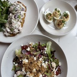 CHICKEN SALAD TOAST, MEDITERRANEAN SALAD, and DEVILED EGGS CHICKEN SALAD TOAST, MEDITERRANEAN SALAD, and DEVILED EGGS