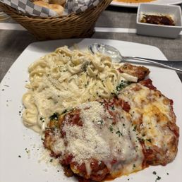 Three pasta sampler chicken Parmesan, fettuccine Alfredo and lasagna Three pasta sampler chicken Parmesan, fettuccine Alfredo and lasagna