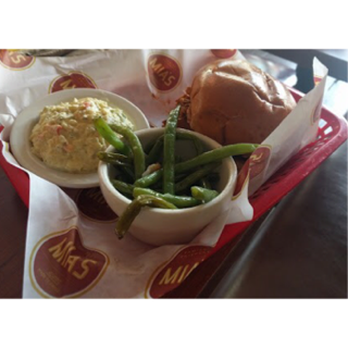 Mia's Table - potato salad, green beans, and pulled chicken sandwich - American Near Me - Houston, Texas