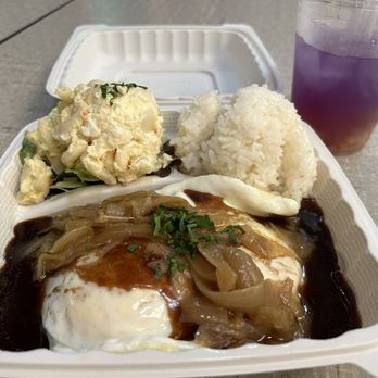 OlenaHi - Loco Moco with grass-fed beef patty, red wine sauce (not gravy), egg, potato-mac salad, rice. Royal Filipino lemonade. - Salad Near Me - Honolulu, Hawaii