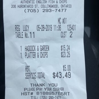 Fish and Sips - Receipt - Fish & Chips Near Me - Collingwood, Ontario