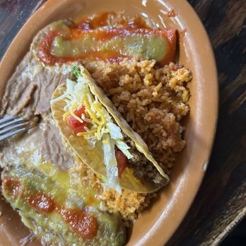 Nachos - Chile relleno, crispy ground beef taco, cheese enchilada with both red and green sauce on all - Mexican Near Me - Moriarty, New Mexico