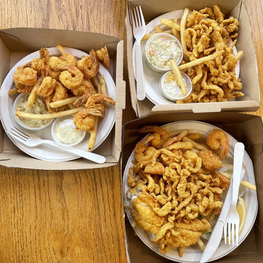 Shrimp plate, clam strip plate, and seafood platter