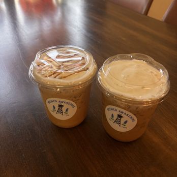 Brewed Awakening - Left: White Mocha+Caramel+cold foam 10/10 Right: Brown Sugar Lechera+cold foam 100/10 - Coffee & Tea Near Me - Lubbock, Texas