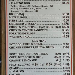 B-K Root Beer Drive In - Menu as of March 2018