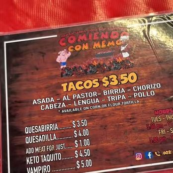 Comiendo Con Memo - Menu - Food Trucks Near Me - Laveen, Arizona