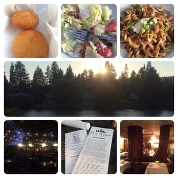 Pine Tavern Restaurant - Dinner rolls, wedge salad, beef stroganoff. Water view, patio lights, twin trees inside main dining area. - American Near Me - Bend, Oregon Pine Tavern Restaurant - Dinner rolls, wedge salad, beef stroganoff. Water view, patio lights, twin trees inside main dining area. - American Near Me - Bend, Oregon