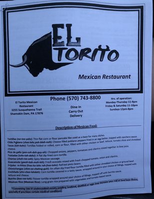 Menu photo 8 El Torito Mexican Restaurant Shamokin Dam, PA