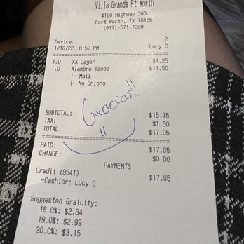 Villa Grande Mexican Restaurant - Bill - Mexican Near Me - Fort Worth, Texas