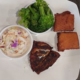 Small dry grouper. Small broccoli. Deep fried cornbread. Small dry grouper. Small broccoli. Deep fried cornbread.