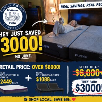Mattress Folks - Purple Split-King mattress and an adjustable base for $3000 less than retail... Only at Mattress Folks - Mattresses Near Me - Mauldin, South Carolina Mattress Folks - Purple Split-King mattress and an adjustable base for $3000 less than retail... Only at Mattress Folks - Mattresses Near Me - Mauldin, South Carolina