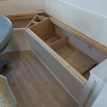 Flamingo Cabinet Door - Very difficult job .. partially cut out fronts and make pull out drawers instead (5 of them). This was just a bench before. - Cabinetry Near Me - Bellflower, California