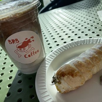 BRB Coffee - Cherry pistachio latte with almond milk and cream roll - Coffee & Tea Near Me - Austin, Texas