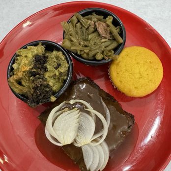 Aunny's - Hamburger steak, broccoli casserole, green beans and cornbread. - Southern Near Me - Georgetown, South Carolina Aunny's - Hamburger steak, broccoli casserole, green beans and cornbread. - Southern Near Me - Georgetown, South Carolina