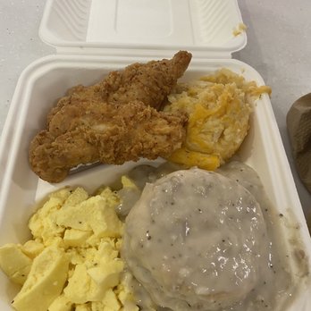 Swett’s BBQ - Breakfast plate with eggs, biscuit with gravy, hash brown casserole, chicken tenders $10.95 - Breakfast & Brunch Near Me - Nashville, Tennessee Swett’s BBQ - Breakfast plate with eggs, biscuit with gravy, hash brown casserole, chicken tenders $10.95 - Breakfast & Brunch Near Me - Nashville, Tennessee