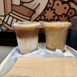 Iced caramel macchiato (left) & Iced coffee (right)