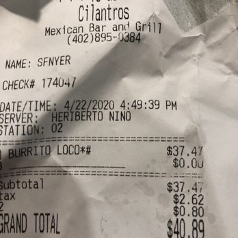 Cilantro's Mexican Bar & Grill - Receipt showing prize - Mexican Near Me - Omaha, Nebraska Cilantro's Mexican Bar & Grill - Receipt showing prize - Mexican Near Me - Omaha, Nebraska