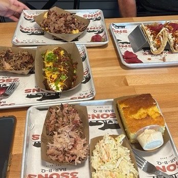 3 Sons Bar B Q - Pork loaded potato, brisket and Mac and cheese, tacos, kids pork meal with slaw - Barbeque Near Me - Santa Rosa Beach, Florida
