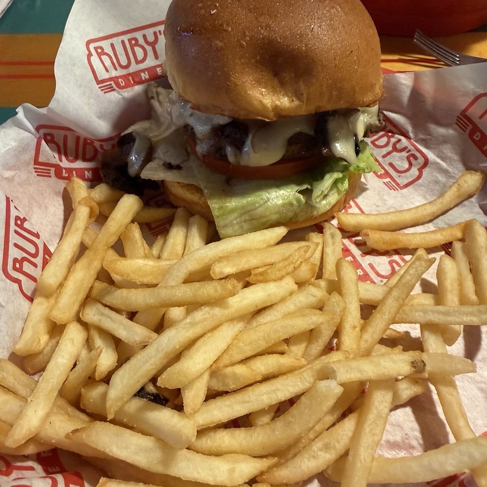 Ruby's Diner - Delicious and satisfying. Mushroom Swiss burger. - American Near Me - San Clemente, California Ruby's Diner - Delicious and satisfying. Mushroom Swiss burger. - American Near Me - San Clemente, California