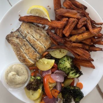 Bushfire Kitchen - Long Beach - Sea bass with roasted vegetables and sweet potato fries. - American Near Me - Long Beach, California
