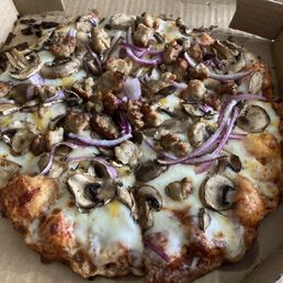 My small pizza - mushroom, red onion, sausage. My small pizza - mushroom, red onion, sausage.