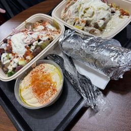 Beef and Lamb Gyro bowls on rice, hummus appetizer with extra pita