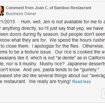 Bamboo Restaurant - Snarky comment by Bamboo's owner, Joan, to a reviewer. - Hawaiian Near Me - Hawi, Hawaii