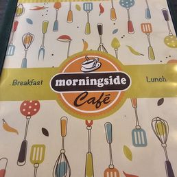 A menu cover for Morningside Café displaying a colorful pattern of kitchen utensils and the café's logo, with breakfast and lunch options.