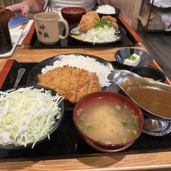 Kagura - My Pork Katsu w/ Curry Sauce  with Rice, Miso soup, Cabbage and Tofu. Her Fillet Katsu with Crab Croquette - Japanese Near Me - Costa Mesa, California