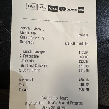 Clara's - Receipt - Italian Near Me - Woodridge, Illinois
