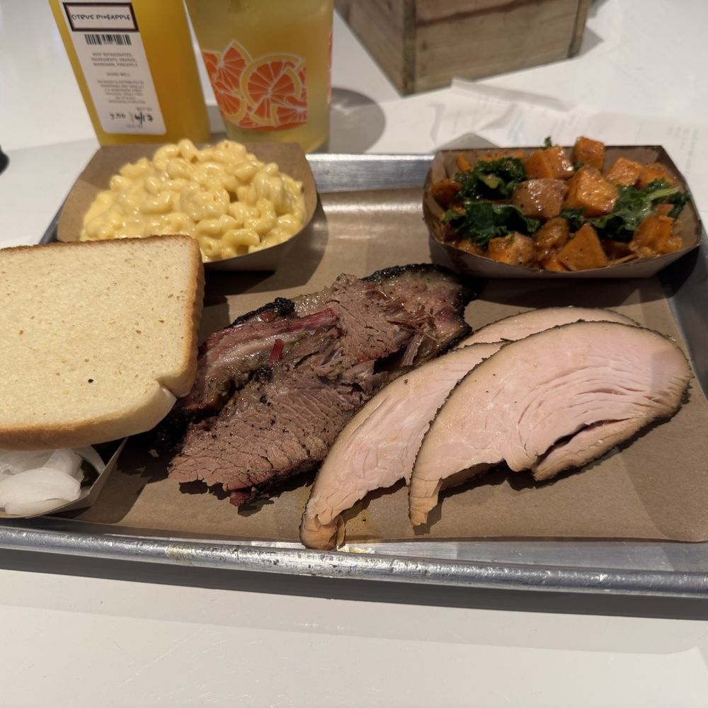 Fatty brisket, smoked turkey, Sweet Potato Kale Salad, Mac N Cheese