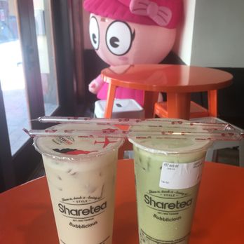 Sharetea - Classic Milk Tea without boba 50% sugar and less ice on left.  Matcha red bean with 75% sugar and less ice right. - Bubble Tea Near Me - San Mateo, California